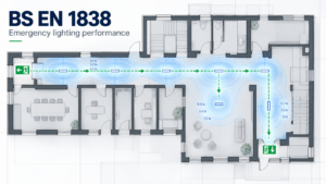 Emergency lighting floorplan showing escape routes, luminaire positions and photometric light levels in accordance with BS EN 1838.