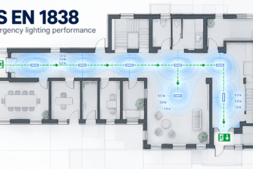 Emergency lighting floorplan showing escape routes, luminaire positions and photometric light levels in accordance with BS EN 1838.
