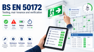 Emergency lighting testing and maintenance illustration showing a test switch, tablet checklist, duration testing and maintenance records for BS EN 50172.