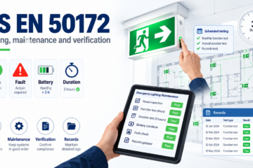 Emergency lighting testing and maintenance illustration showing a test switch, tablet checklist, duration testing and maintenance records for BS EN 50172.