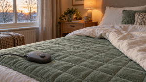 Sage green electric blanket on a bed with temperature controller, illustrating safe electric blanket use during winter.