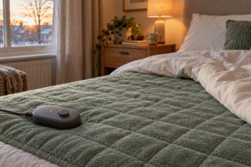 Sage green electric blanket on a bed with temperature controller, illustrating safe electric blanket use during winter.